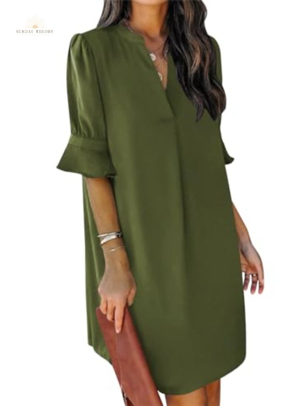 Womens V Neck Ruffle Short Sleeve Shift Dress Flowy Midi Summer Casual